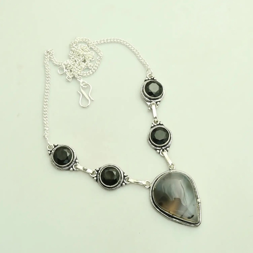 Montana Agate Black Onyx Gemstone Handmade Necklace Jewelry 25 Gms AN 23520