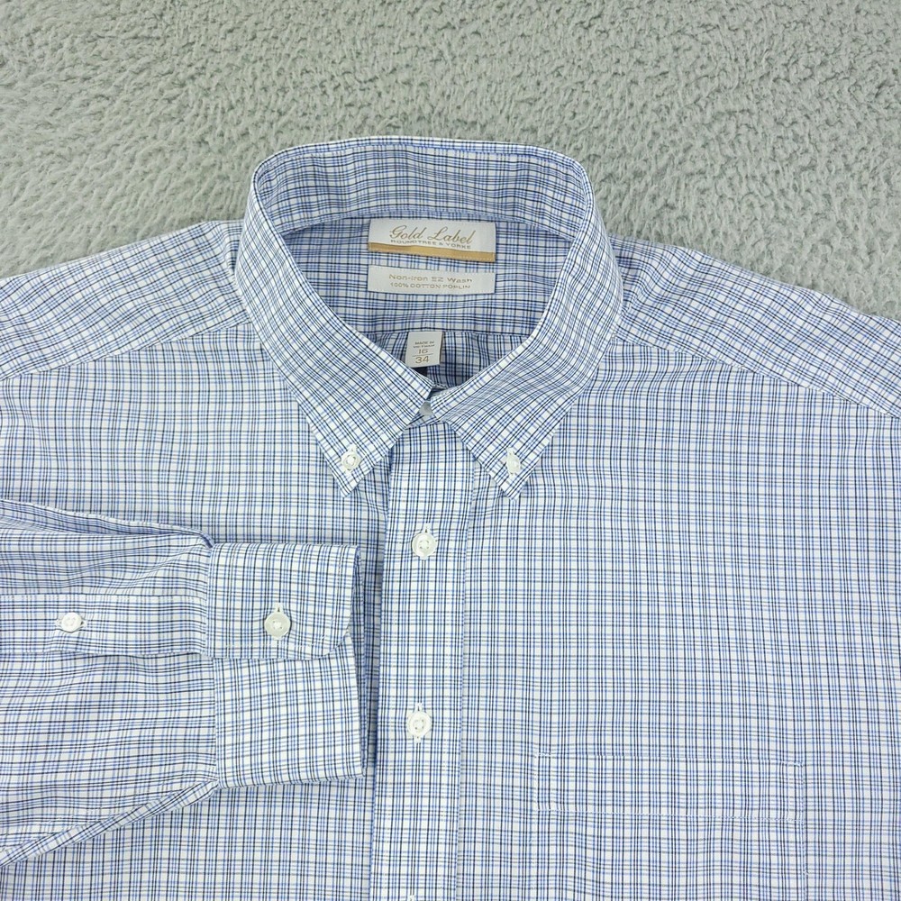 Roundtree & Yorke Gold Label Shirt Mens 16 34 Blue Check Button Down Long Sleeve