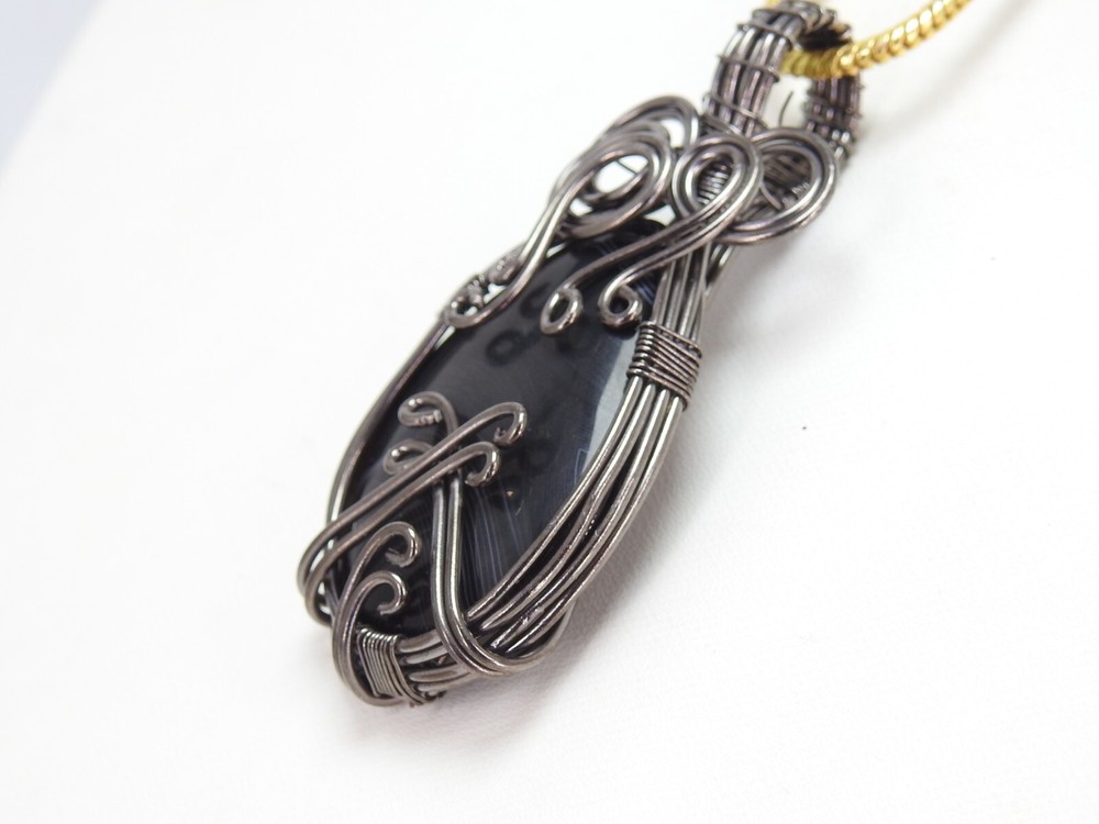 Black Strip Agate Brass Pendant Silver Oxidised Polished Wire Wrapped Jewelry