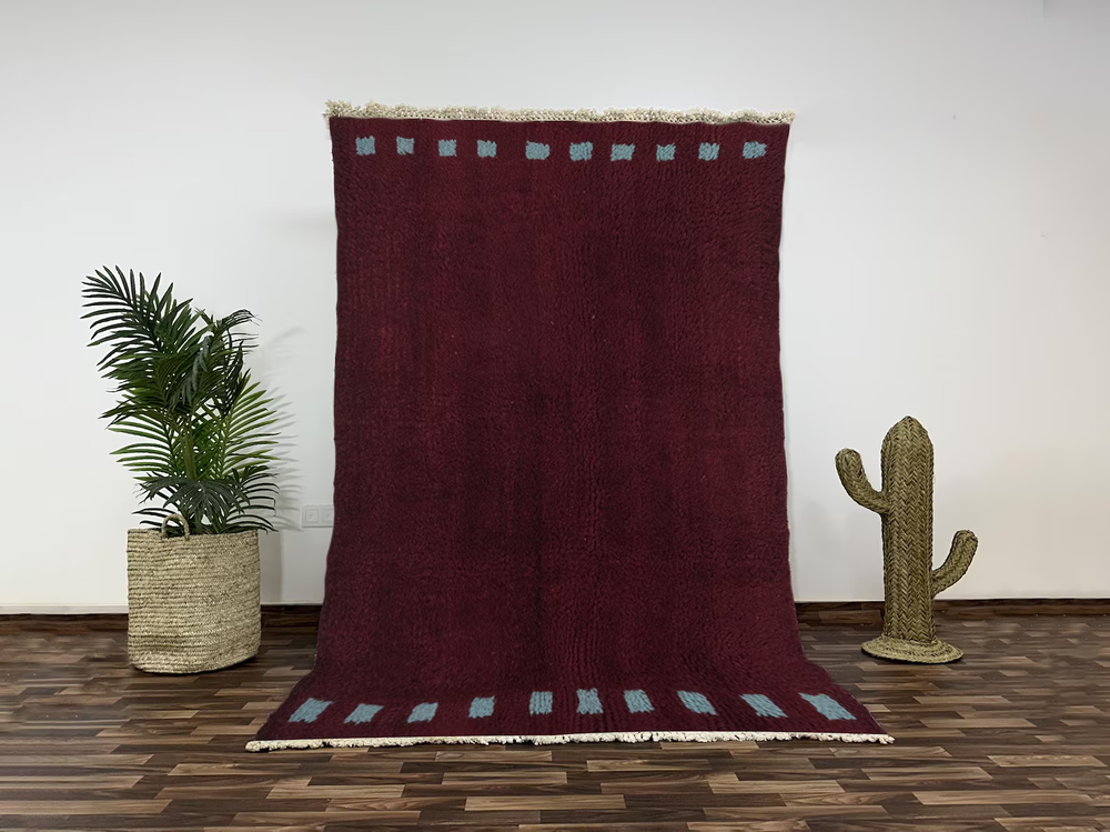 Beni Ourain Wool  Burgundy with Blue Square Border Accents Hand-Knotted Moroccon