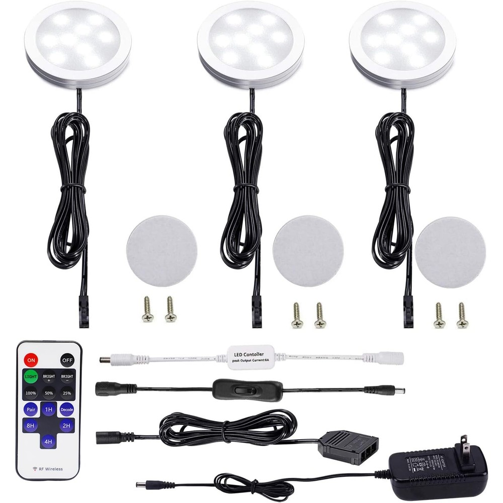 AIBOO Dimmable LED Under Cabinet Puck Lights 3 Lamps Kit with RF Remote Contr...