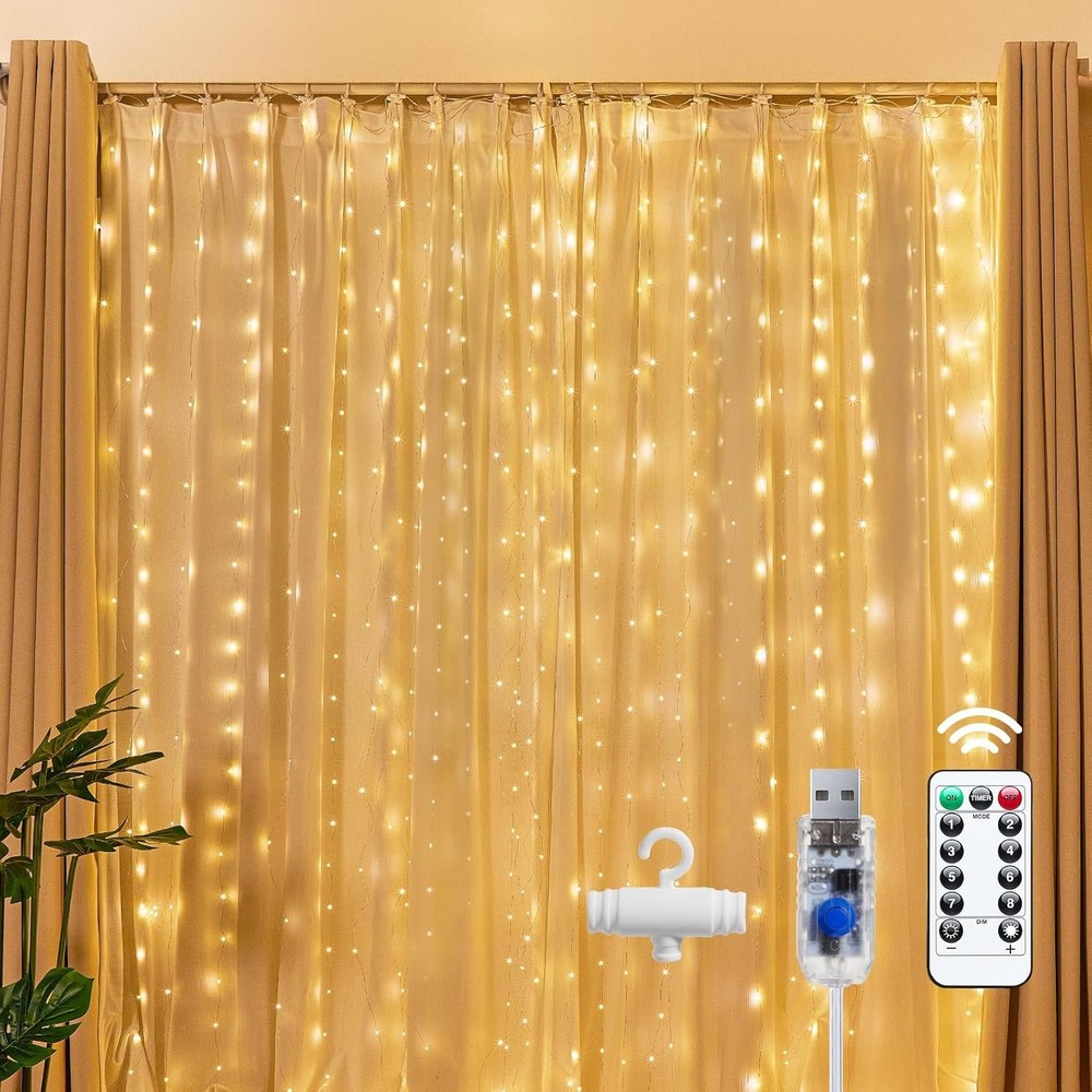 Brightown 300 LED Fairy Curtain Lights, 9.8ft 300 LED-Copper Wire, Warm White
