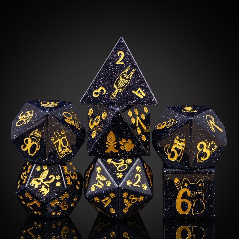 UDIXI Gemstone DND Dice Set Blue Sandstone Dice with Cute Cat Pattern Stone D...