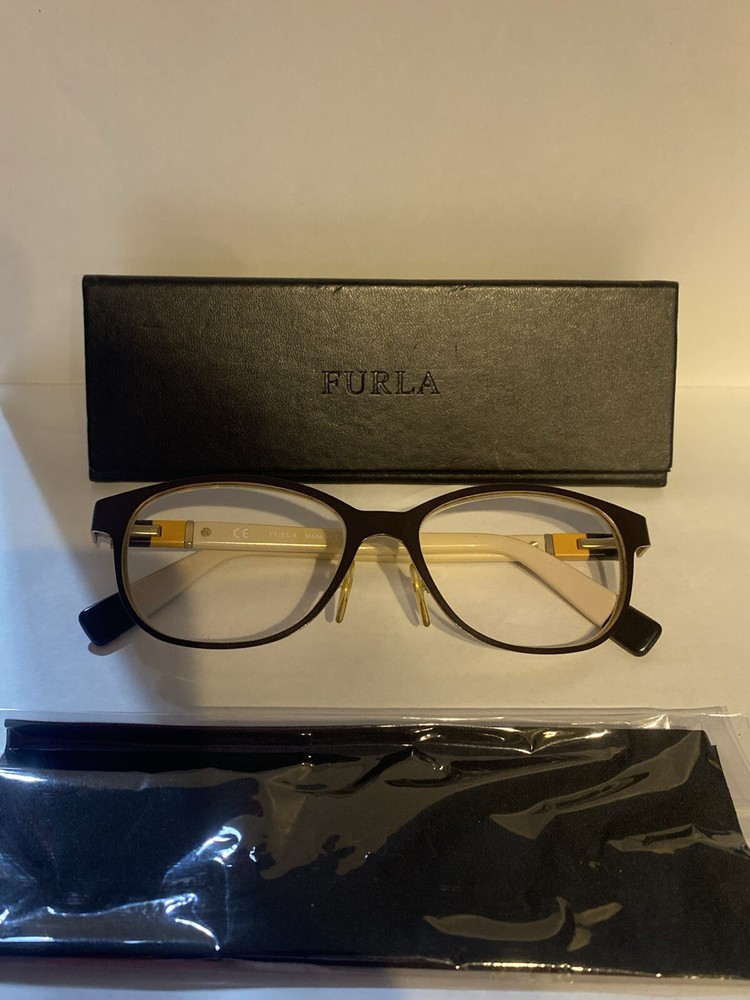 Furla Eyeglasses VFU107K 0M12 140 Brown Yellow Beige Frames Case Cleaning Cloth