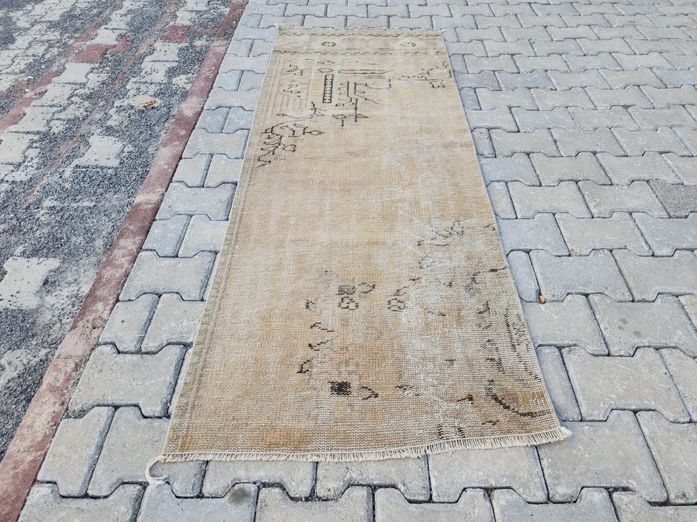 Vintage 2x6 Oushak Runner Rug in Faded Beige Tan Distressed Style