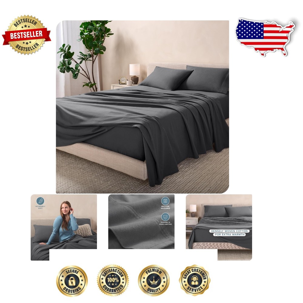 4 Piece Full Flannel Sheet Set in Soft Grey - Heavyweight & Machine Washable