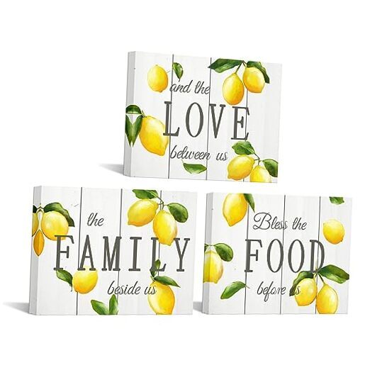 3 Pieces Lemon Wall Art Farmhouse Yellow Kitchen Decor Love Family Food