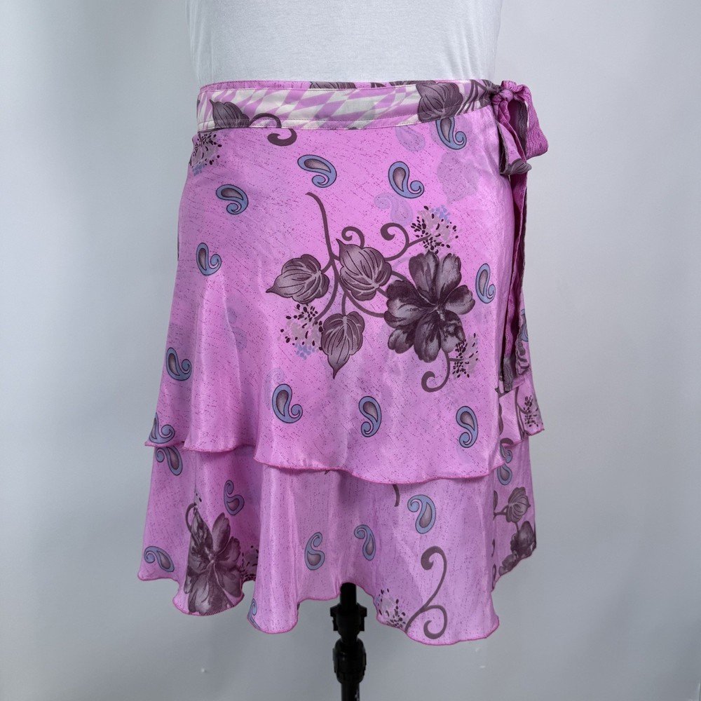Silk Blend Wrap Skirt One Size Pink Floral Paisley Layered Lightweight Resort