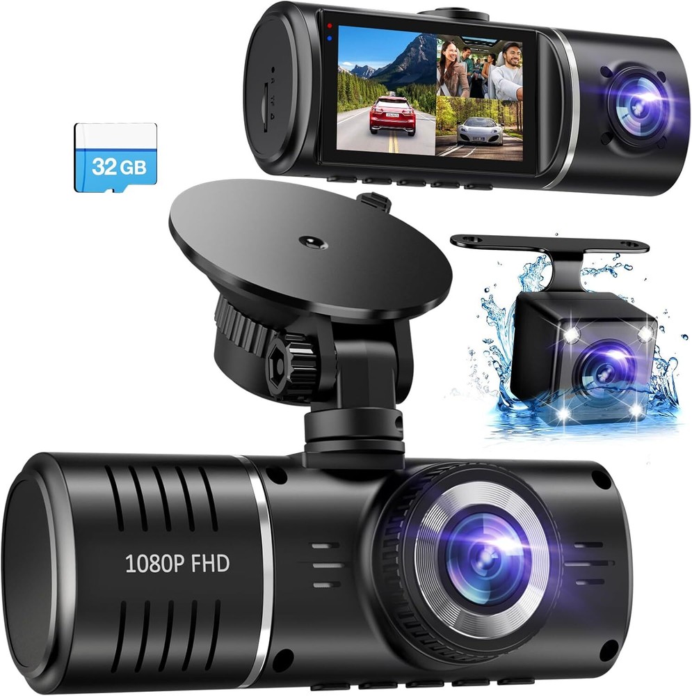 3 Channel 1080P Dash Cam with Front Rear Inside View for Cars + 32GB Card