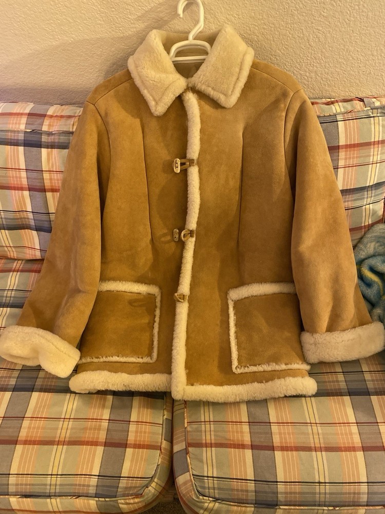 Men's Beige Suede Shearling Coat Mid-Length with Fur Trim & Button Closure