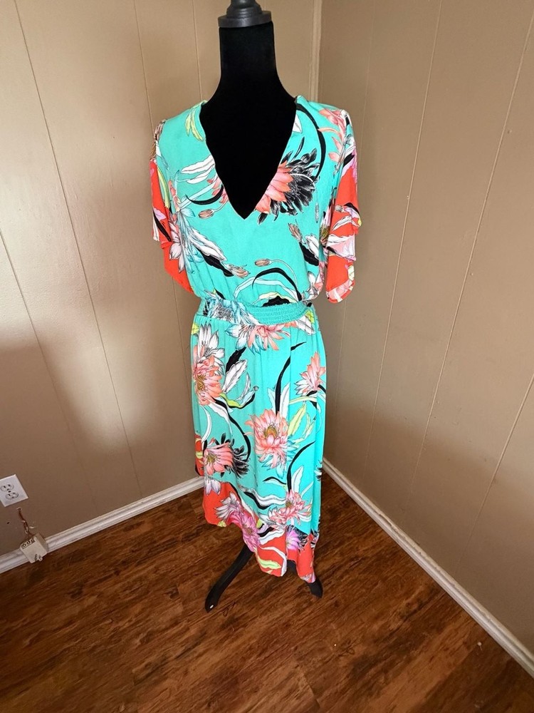 Trina Turk Turquoise Tropical Floral Asymmetrical Midi Swim Cover Up Dress Med