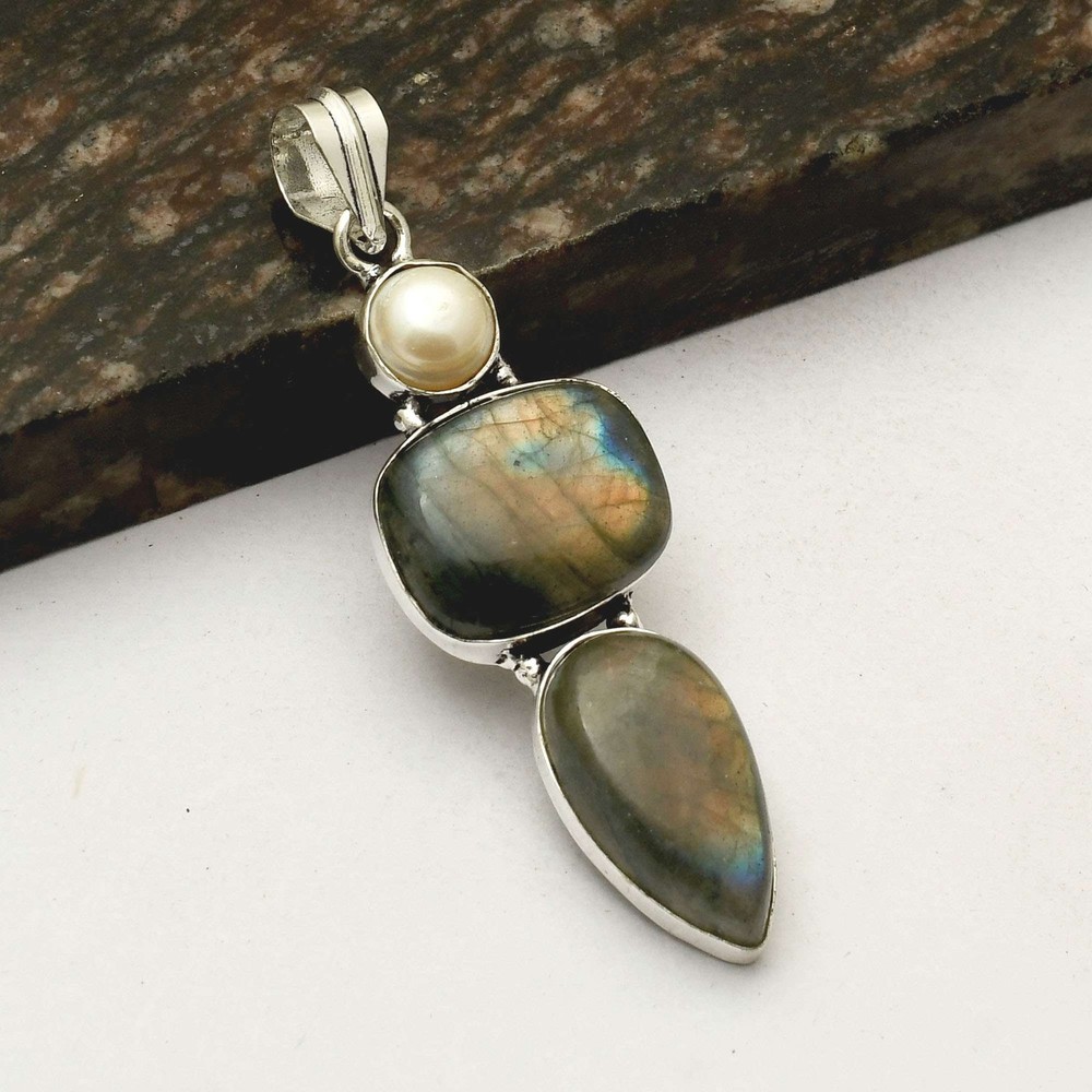 Labradorite Pearl Gemstone Handmade Pendant Necklace Gift for Women 2.8 Inches AP-35762