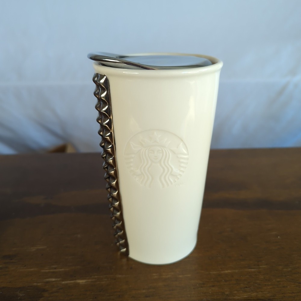 Starbucks 2014 White Chrome Studs 10oz Ceramic Coffee Mug