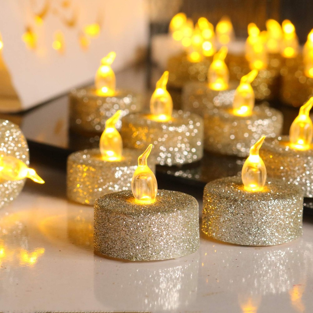 12pcs Battery Tea Lights with Timer Yellow Flickering Flameless Votive Candles