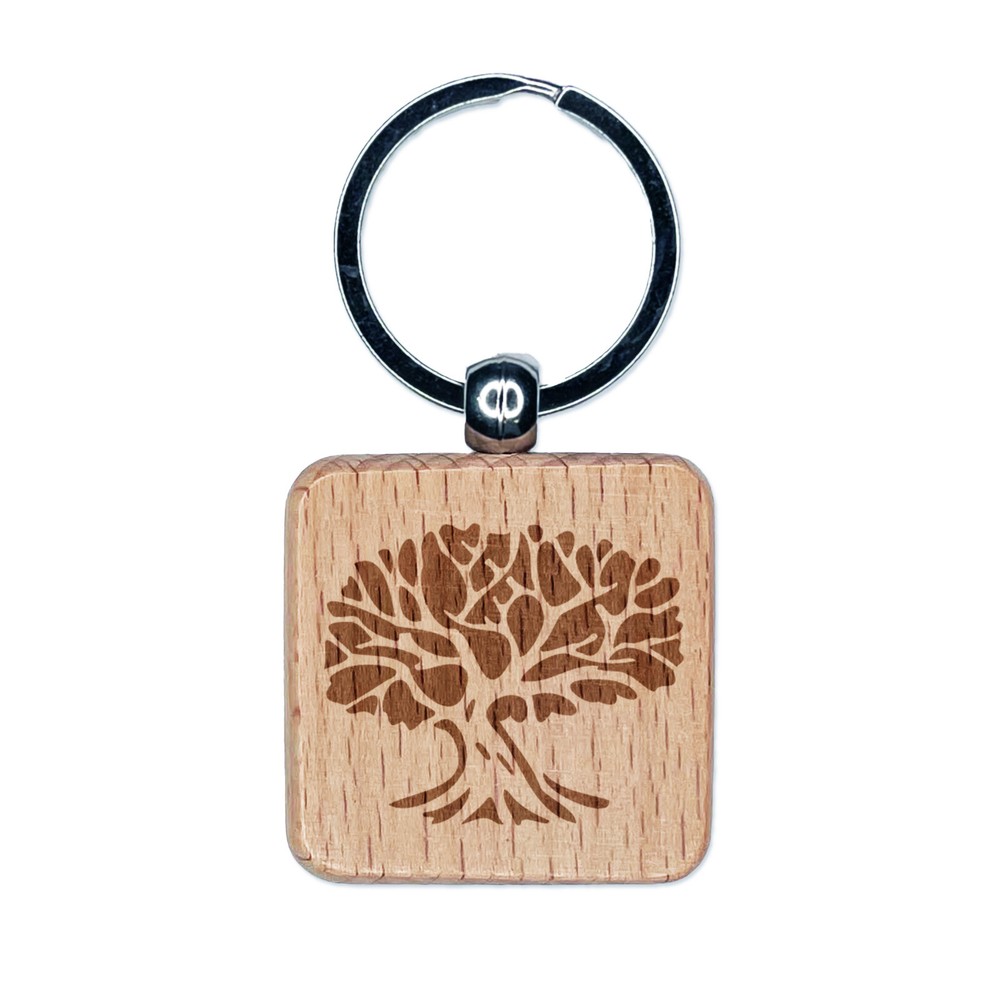 Tree with Exposed Branches and Leaves Engraved Wood Square Keychain Tag Charm