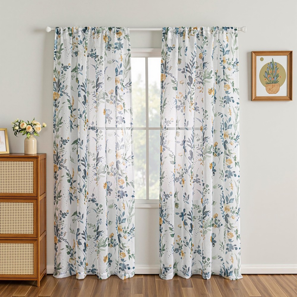 Floral Curtains for Living Room 84 inches Long Classic Printed Flower Leaf Sh...