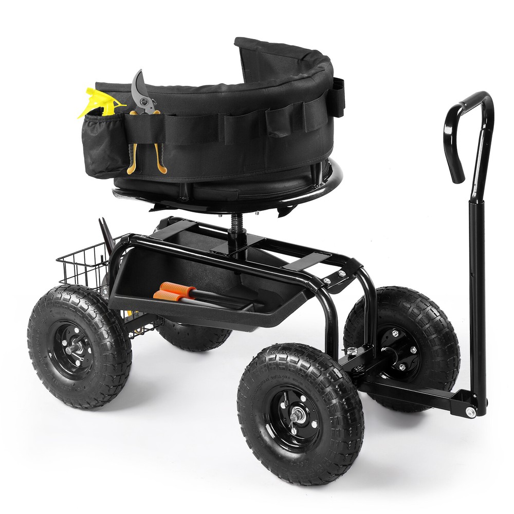 Rolling Garden Cart with Cushioned Backrest in Sea Black