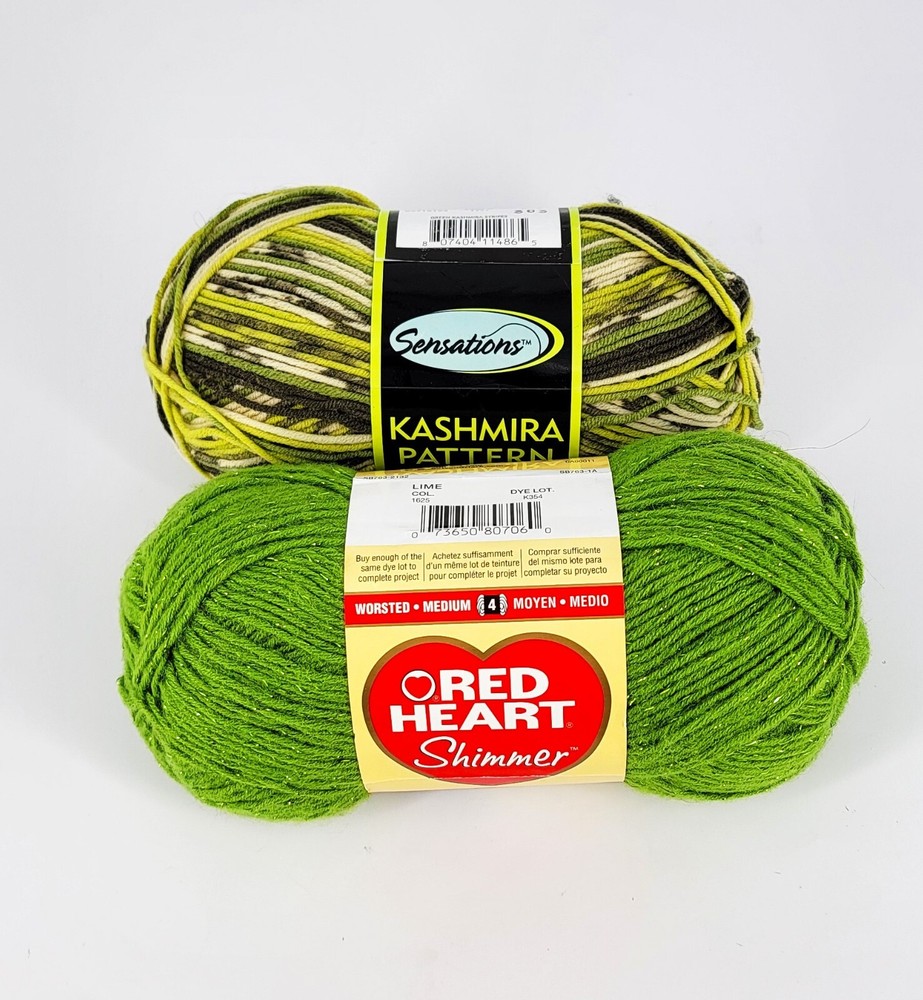 New Lot 2 Skeins Red Heart Shimmer Lime Gold Metallic Sensations Kashmira Yarn