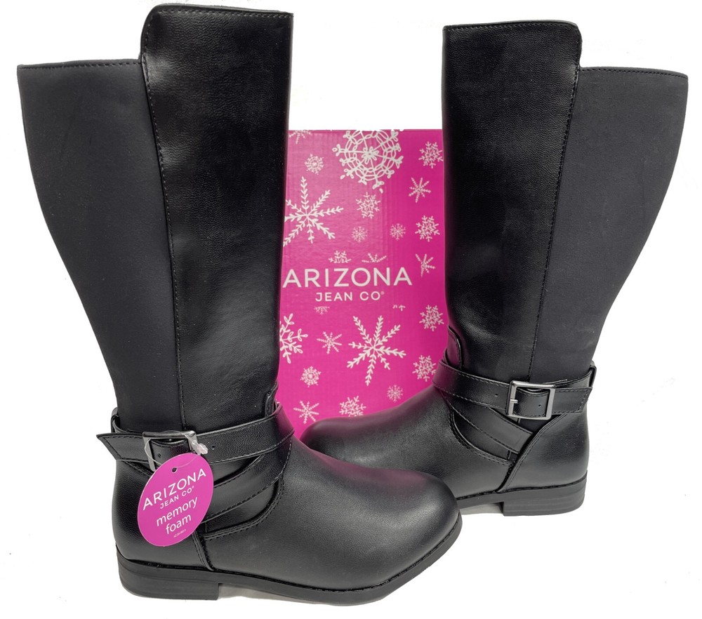 Arizona Samantha Black Faux Leather Tall Riding Buckle Zip Boots Girls 11 M NEW