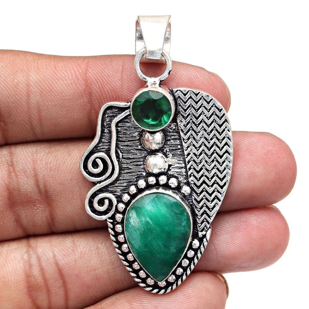 Malachite and Emerald Gemstone Silver Pendant for Mother's Day 2.25 Inch