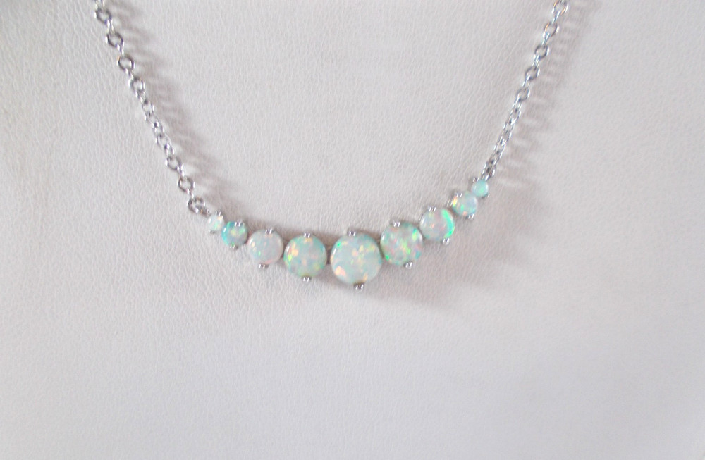 Opal Glass Cabochons Crescent Pendant Silver Tone Necklace
