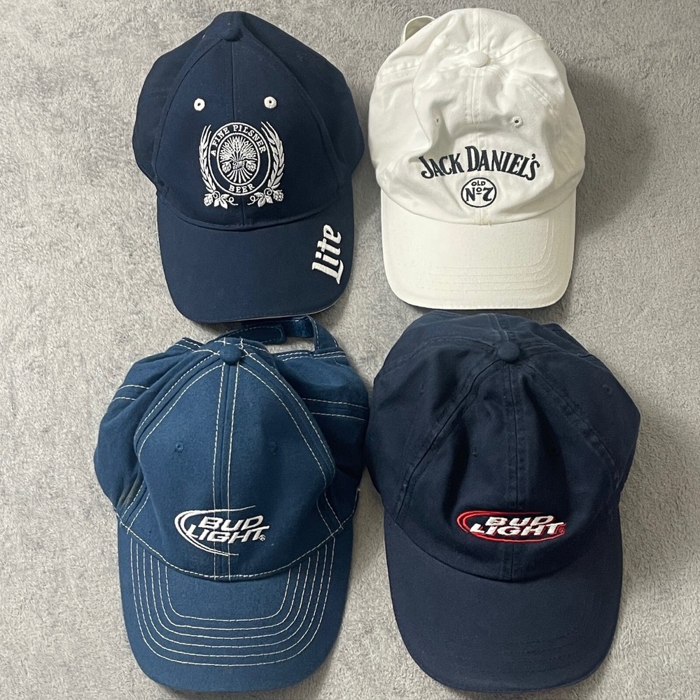 Lot Of 4 Hats Adjustable Beer Bud Light Jack Daniels Miller Lite Baseball Cap