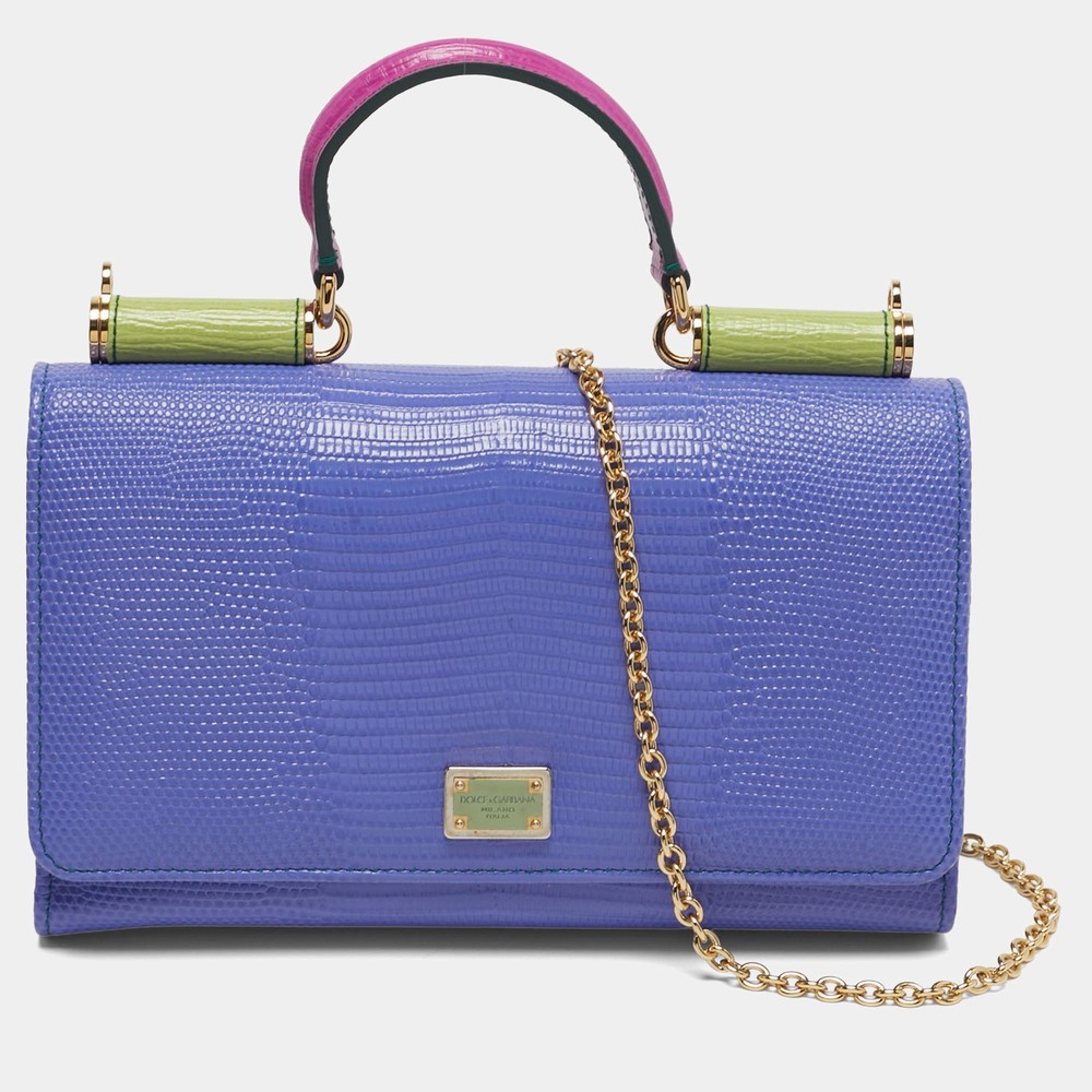 Dolce Gabbana Miss Sicily Von Multicolor Lizard Embossed Leather Wallet on Chain