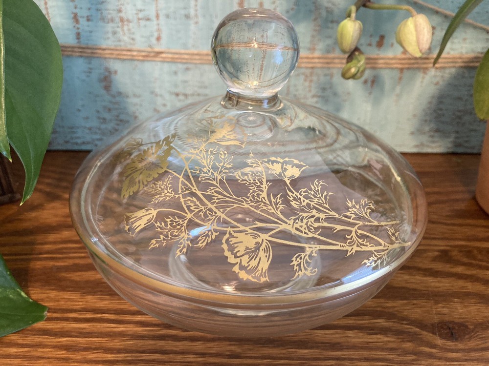 Vintage Gold Embossed Poppies Glass Candy Dish with Lid