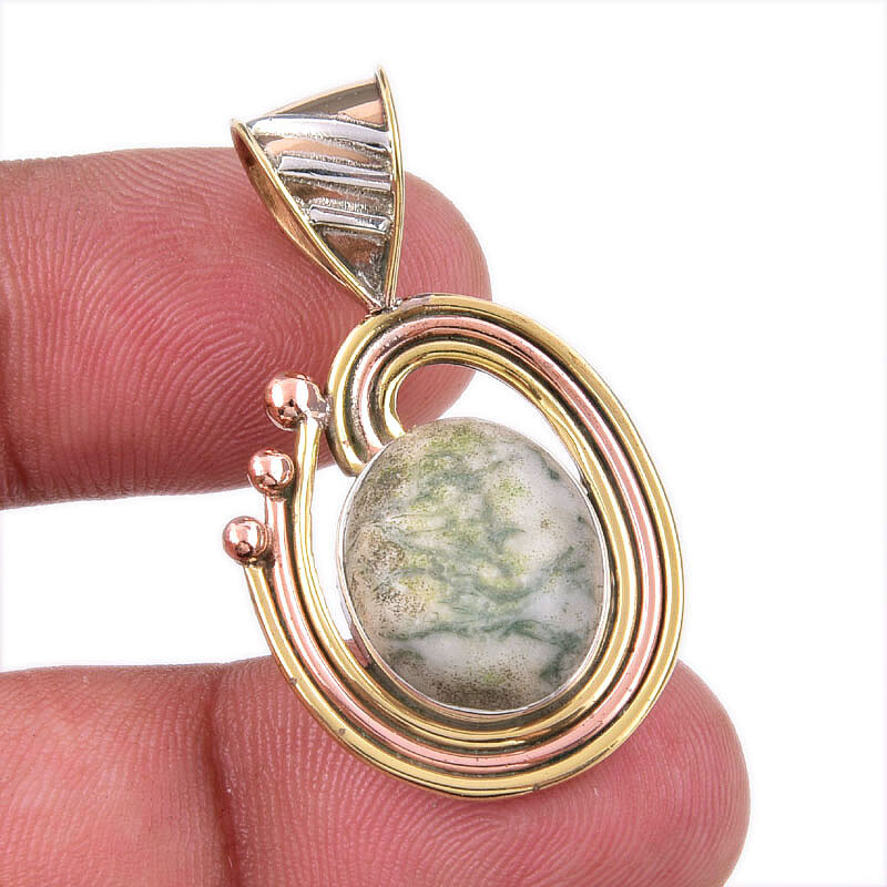 Natural Green Dendrite Opal 925 Sterling Silver Gift TwoTone Pendant 1.50