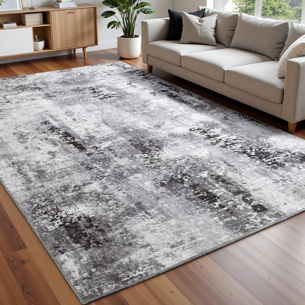 Modern Abstract 8x10 Dark Grey Washable Area Rug for Living Room
