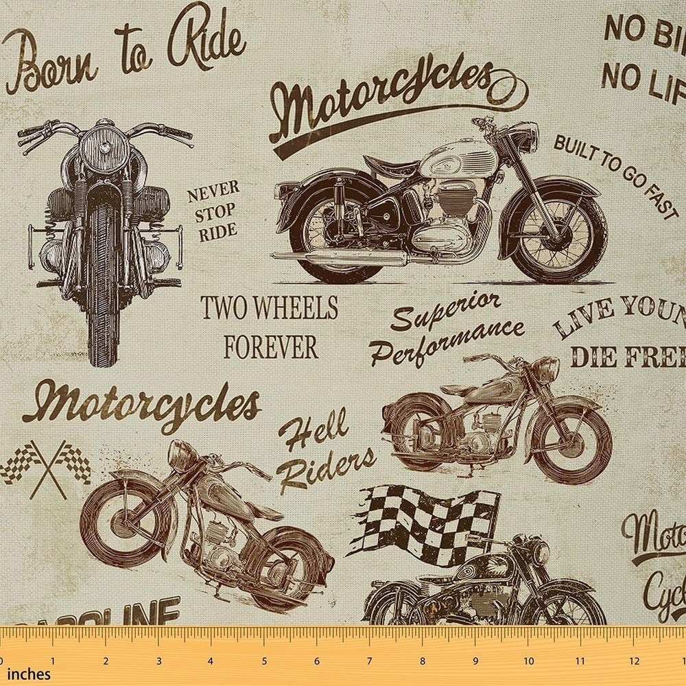 Motorcycle Fabric by The Yard, Vintage Extreme Sports Theme Upholstery Fabric...