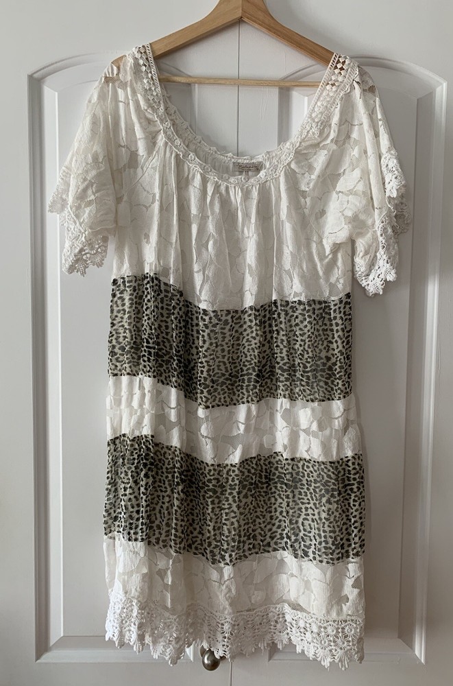 Bellambra Silk Blend Animal Print Boho Dress with White Short Sleeves, Made in Italy, Size Medium
