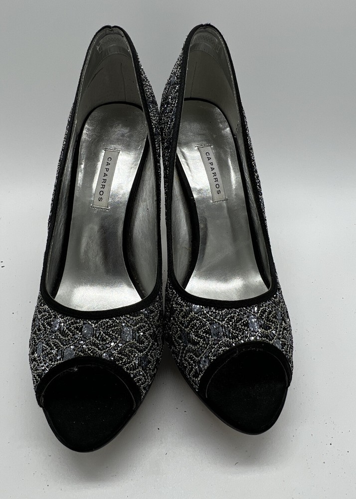 Caparros High Heel Platform Silver & Black Sequined Peep Toe Size 8.5