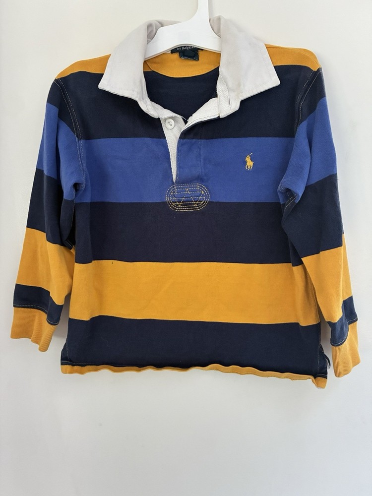 Polo Ralph Lauren Kid Boys Striped Embroidered Logo Rugby Shirt Blue Yellow Sz 5