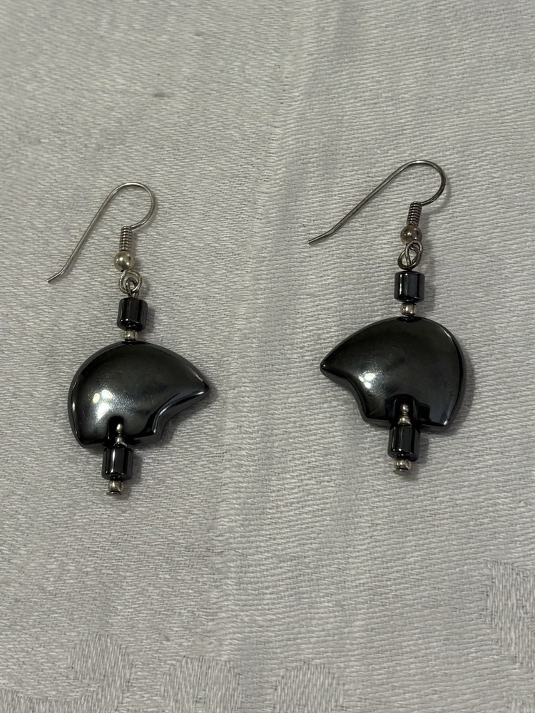 Hematite bear fetish silver tone drop earrings in Native American style