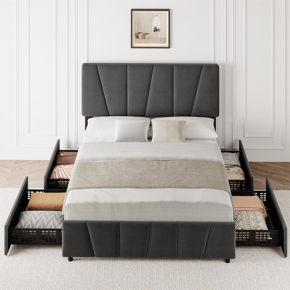 🔥Upholstered Full Size Bed Frame with 4 Storage Drawers Headboard Platform Bed