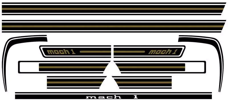 1969 Ford Mustang; Mach 1 Side And Trunk Stripe Decal Kit; Black Reflective/Gold