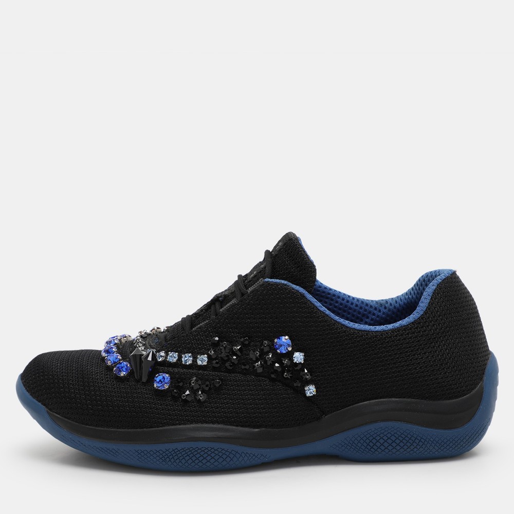 Prada Black Mesh Crystal Embellished Slip On Sneakers Size 36