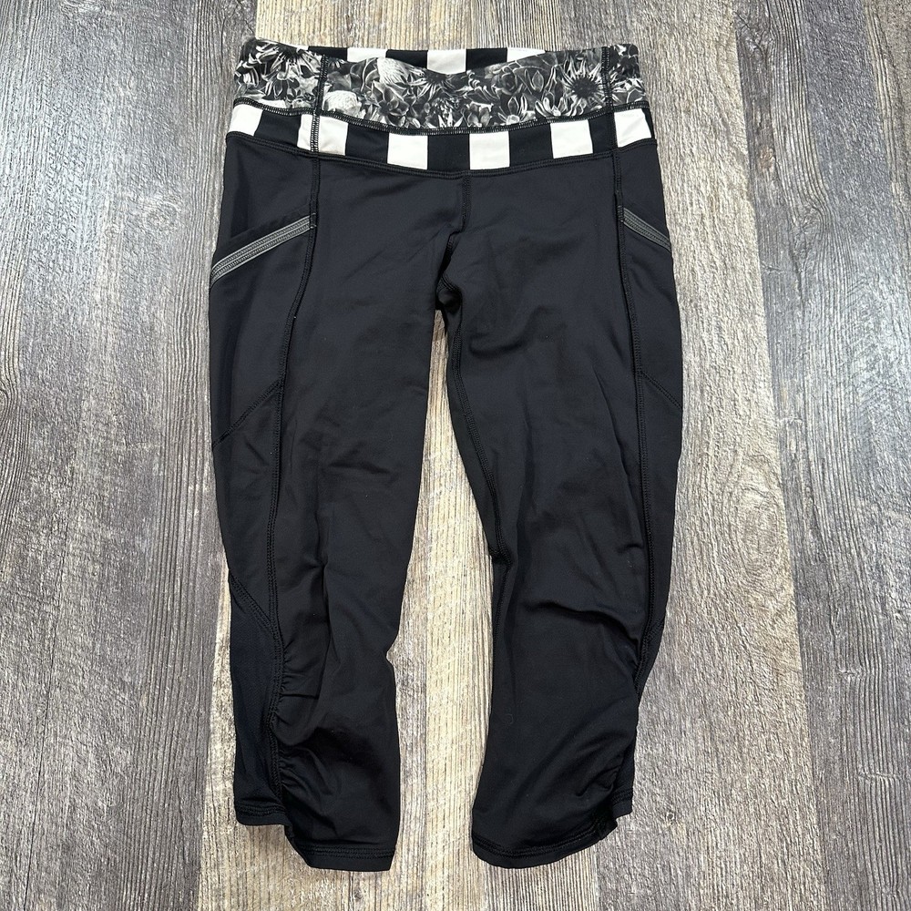 Lululemon Leggings Size 4 Marathon Crop II Flowabunga Angel Wing Stripe Pockets