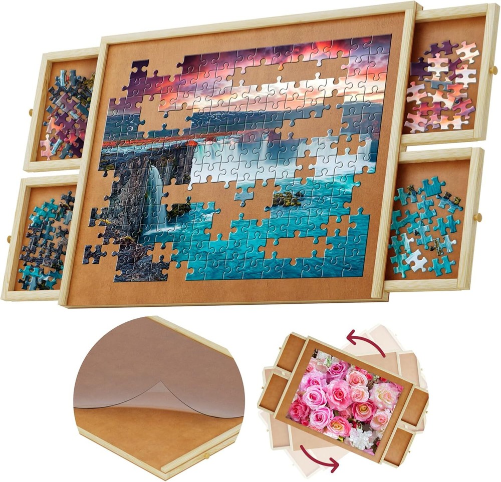 1000 Piece Wooden Jigsaw Puzzle Board - 4 Drawers, Rotating Puzzle Table