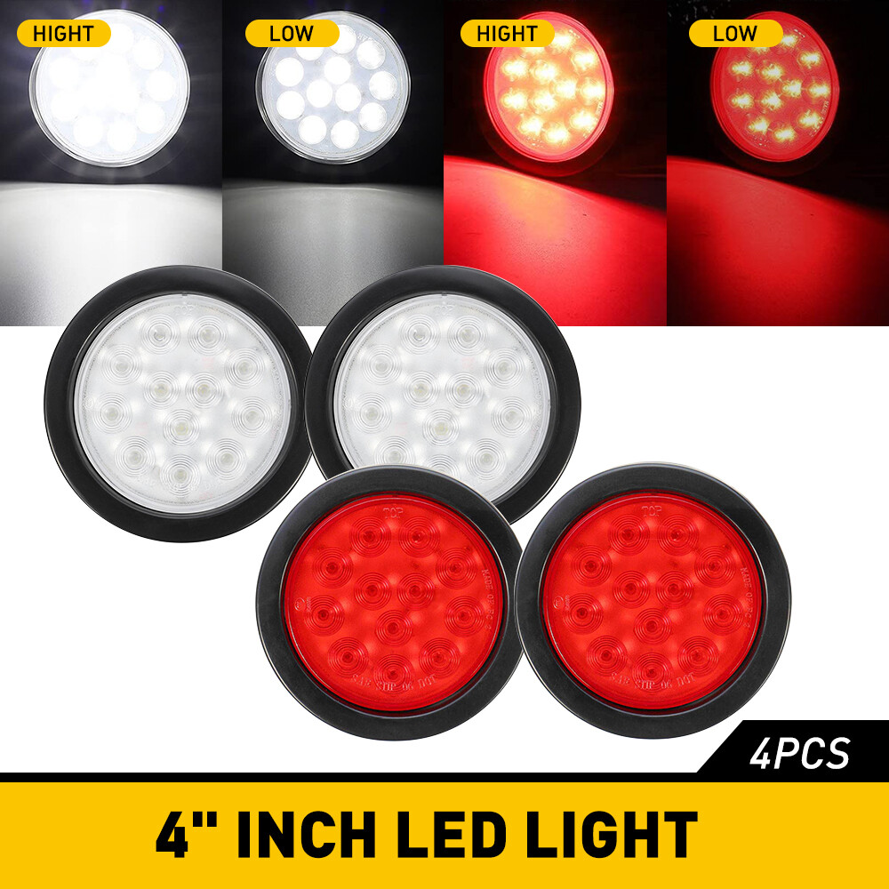 2Red+2White 4Inch Round 12LED Reverse Backup Tail Light Truck Trailer Clear Lens