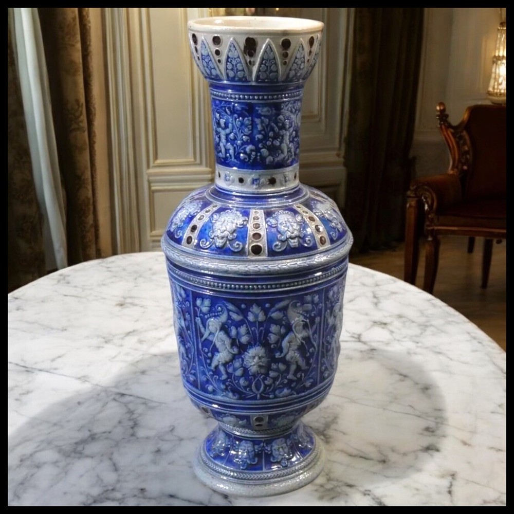 Antique German Westerwald Salt Glazed Stoneware Renaissance Revival Vase 19th C.