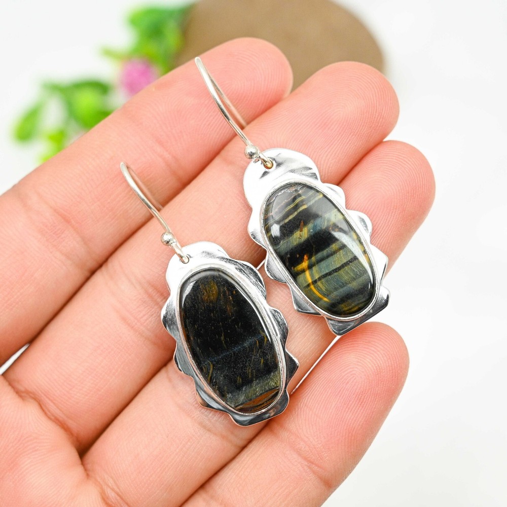 Blue Tiger Eye Dangle Earrings Handmade Sterling Silver Jewelry Gift