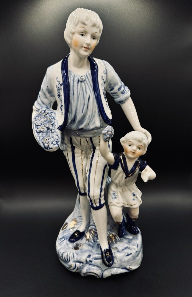 VTG Hand-Painted Blue White Gold Porcelain Father & Child Figurine 12