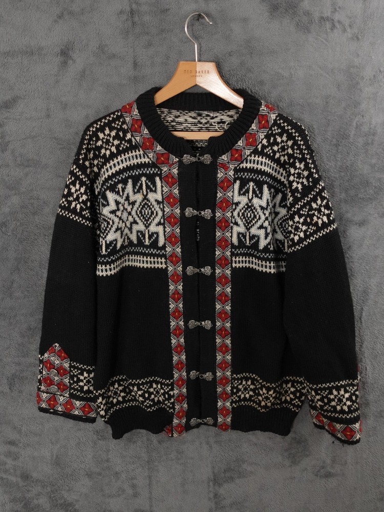 Dale Norway Cardigan Adults Large Black Fair Isle Nordic Knit Wool Chunky Knit