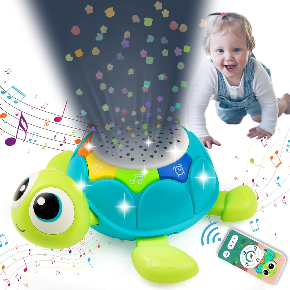 Best Baby Toys 6-12 Months - 5-in-1 Musical Projector Crawling Turtle for Tummy Time