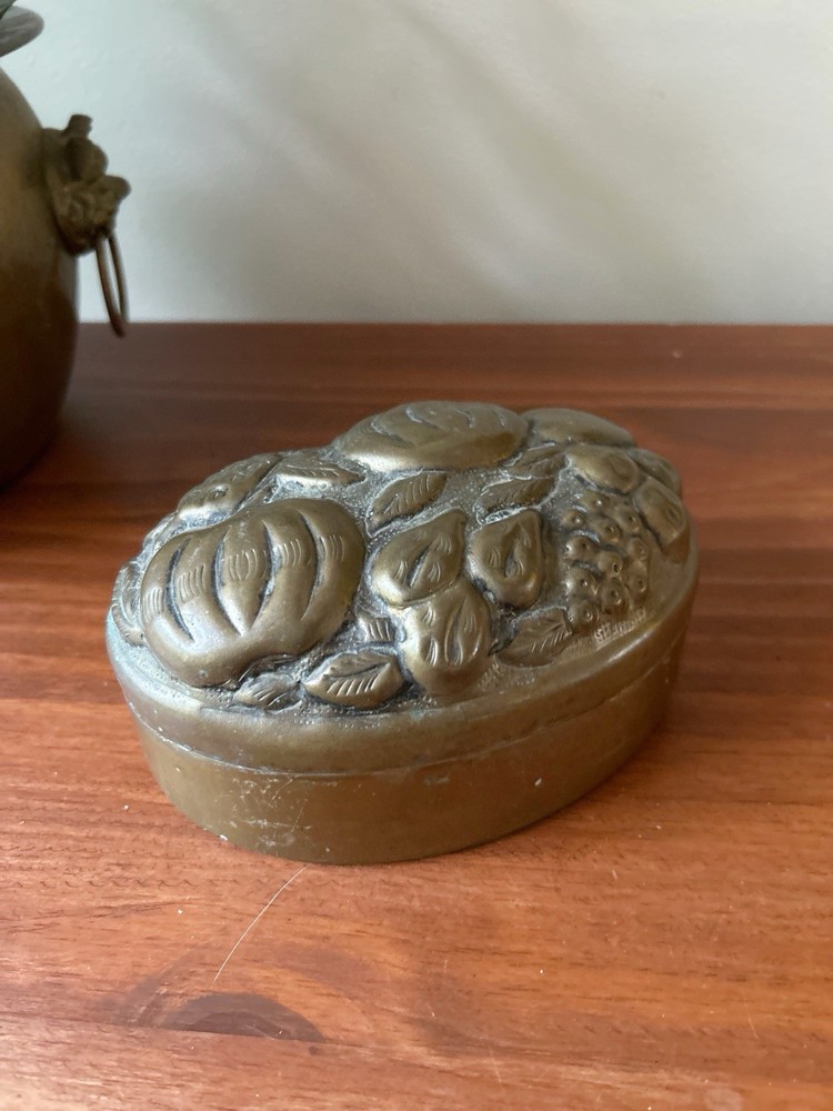 Vintage Brass Oval Fruit Embossed Trinket Box with Lid