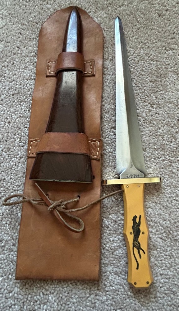 VINTAGE FIGHTING DAGGER STAMPED 'HAAKE' SCIMSHAW OF AMERICAN INDIAN SIGNED J.K