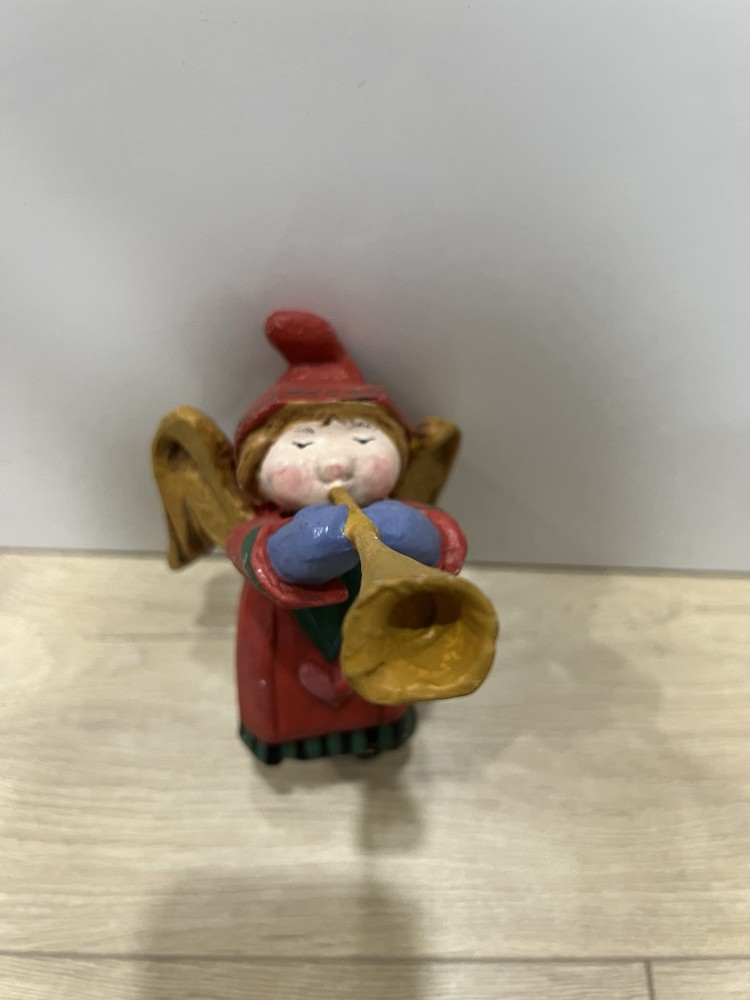 Vtg House of Hatten Folk Art GIRL ANGEL HORN Trumpet Christmas ORNAMENT