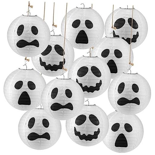 12-Pack 8-Inch White Ghost Paper Lanterns for Halloween Decorations
